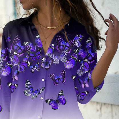 Women's Shirt Blouse Pink Blue Purple Animal Butterfly Button Print Long Sleeve Holiday Weekend Streetwear Casual Shirt Collar Regular Butterfly S