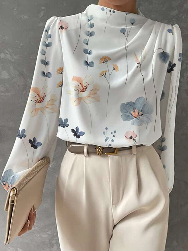 Women's Shirt Blouse Floral Work Print White Long Sleeve Fashion Round Neck Spring &  Fall