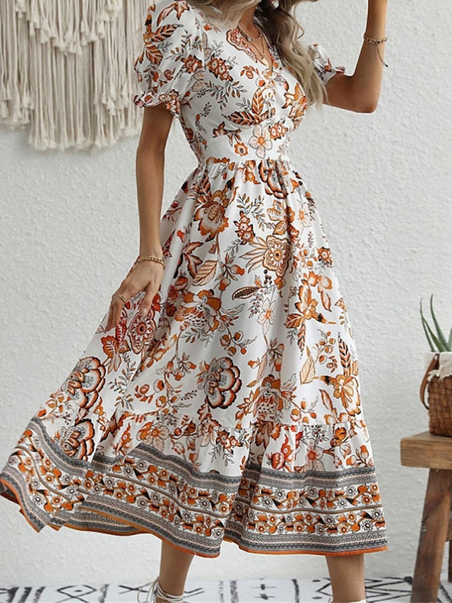 Women's Casual Dress Summer Dress Print Dress Floral Ruched Print V Neck Puff Sleeve Midi Dress Active Fashion Outdoor Street Short Sleeve Loose Fit Black Red Blue Summer Spring S M L XL XXL - LuckyFash™