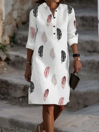 Women's Shirt Dress Casual Dress Cotton Linen Dress Midi Dress Button Pocket Daily Vacation Shirt Collar Long Sleeve Summer Spring Fall White Yellow Floral Feather