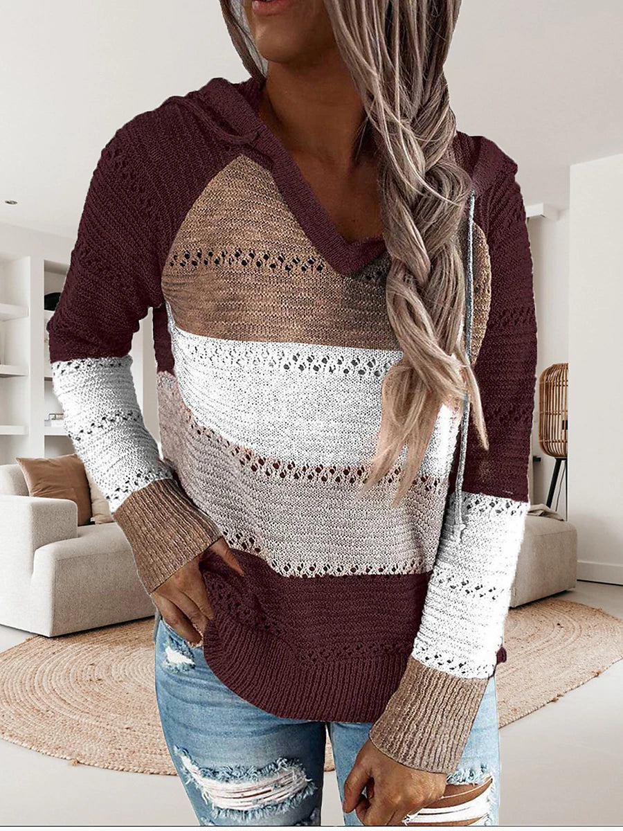 Women's Pullover Sweater Jumper Hooded Crochet Knit Thin Fall Winter Tunic Work Daily Holiday Casual Soft Long Sleeve Color Block Black Wine Blue S M L