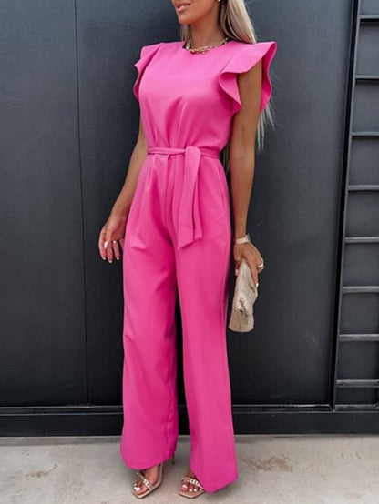 Women's Jumpsuit Lace up Ruffle Solid Color Round Neck Elegant Party Going out Regular Fit Short Sleeve White Blue Pink S M L Spring - LuckyFash™