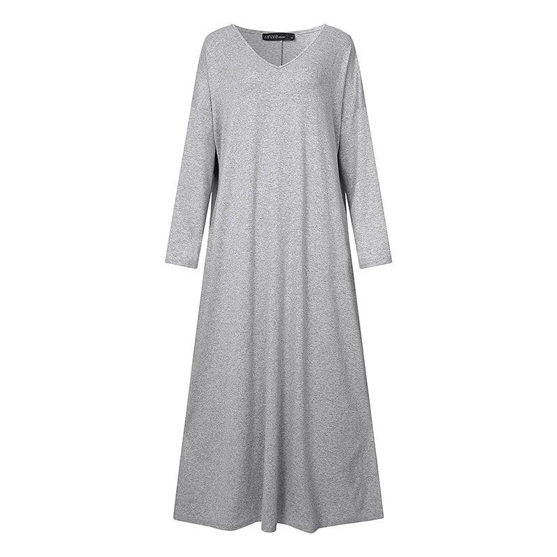 Women‘s Plus Size Casual Dress Caftan Dress Solid Color V Neck Long Sleeve Winter Fall Basic Casual Maxi long Dress Daily Vacation Dress