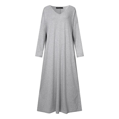 Women‘s Plus Size Casual Dress Caftan Dress Solid Color V Neck Long Sleeve Winter Fall Basic Casual Maxi long Dress Daily Vacation Dress