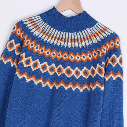 Women's Sweater Pullover Jumper Knitted Print Geometric Stylish Basic Casual Long Sleeve Regular Fit Sweater Cardigans Crew Neck Fall Spring Blue Gray Khaki / Holiday