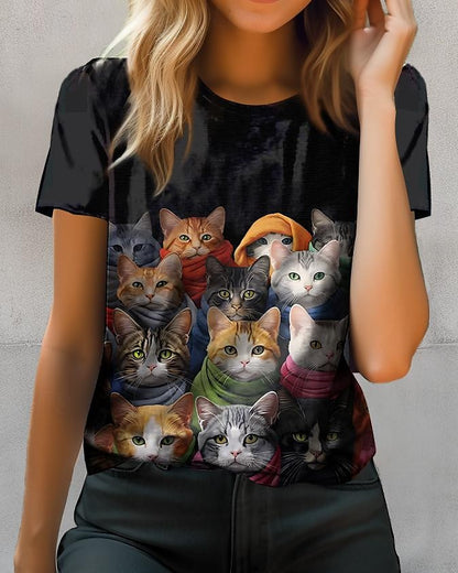 Women's T shirt Tee Cat Casual Black Short Sleeve Fashion Crew Neck Spring & Summer