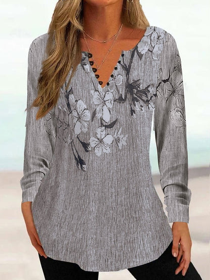 Women's Shirt Henley Shirt Blouse Floral Casual Holiday Button Print White Long Sleeve Tunic Basic Round Neck Spring &  Fall