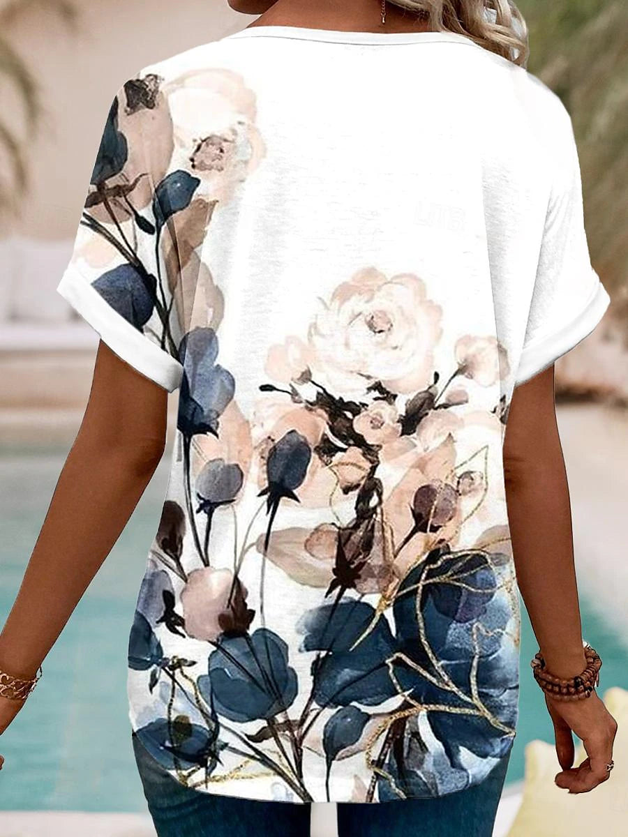 Women's T shirt Tee Ombre Floral Daily Vacation Blue Short Sleeve Stylish V Neck Summer Spring