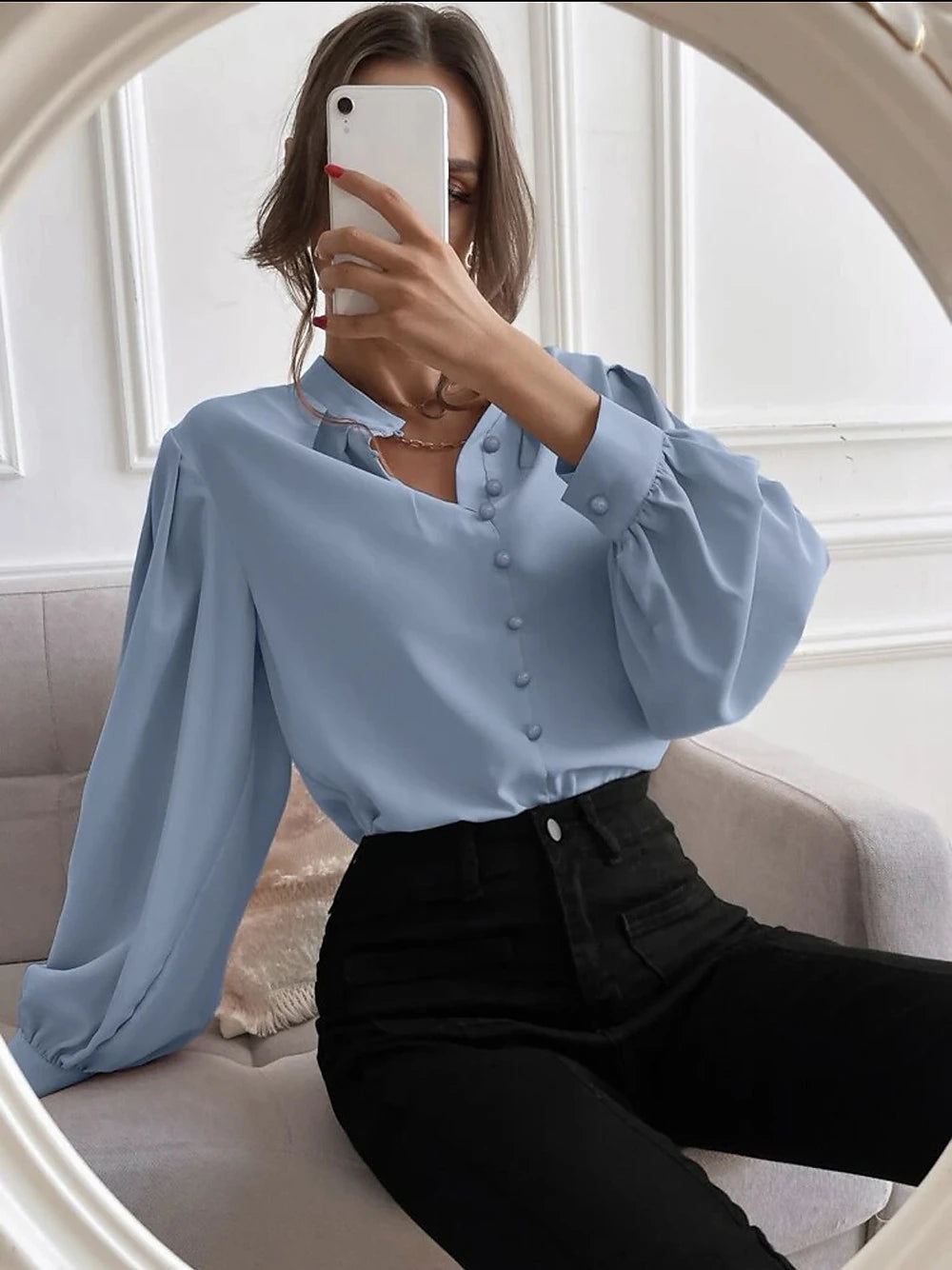 Women's Shirt Lantern Sleeve Blouse Plain Work Button Black Long Sleeve Daily Standing Collar Spring &  Fall