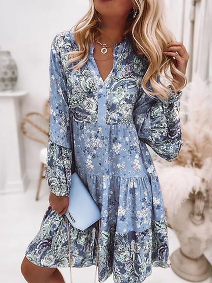 Women's Shift Dress BohoÂ Dress Knee Length Dress Pink Long Sleeve Floral Ruffle Smocked Print Summer Spring V Neck Boho Casual Flare Cuff Sleeve 2023 4XL - LuckyFash™