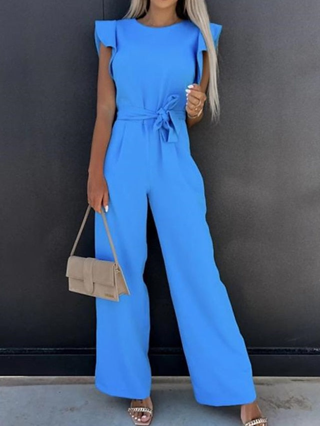 Women's Jumpsuit Lace up Ruffle Solid Color Round Neck Elegant Party Going out Regular Fit Short Sleeve White Blue Pink S M L Spring - LuckyFash™