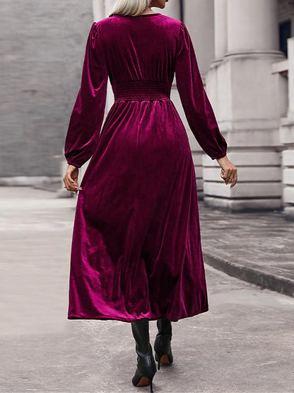 Women's Velvet Dress Casual Dress Winter Dress Long Dress Maxi Dress Lace Ruched Daily Date Elegant Fashion V Neck Long Sleeve Wine Color