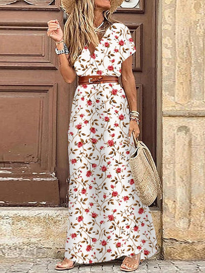 Women's Swing Dress Maxi long Dress Boho Dress Black Red Brown Short Sleeve Print Split Ruffle Button Spring Summer V Neck Vintage 2023 S M L XL XXL 3XL