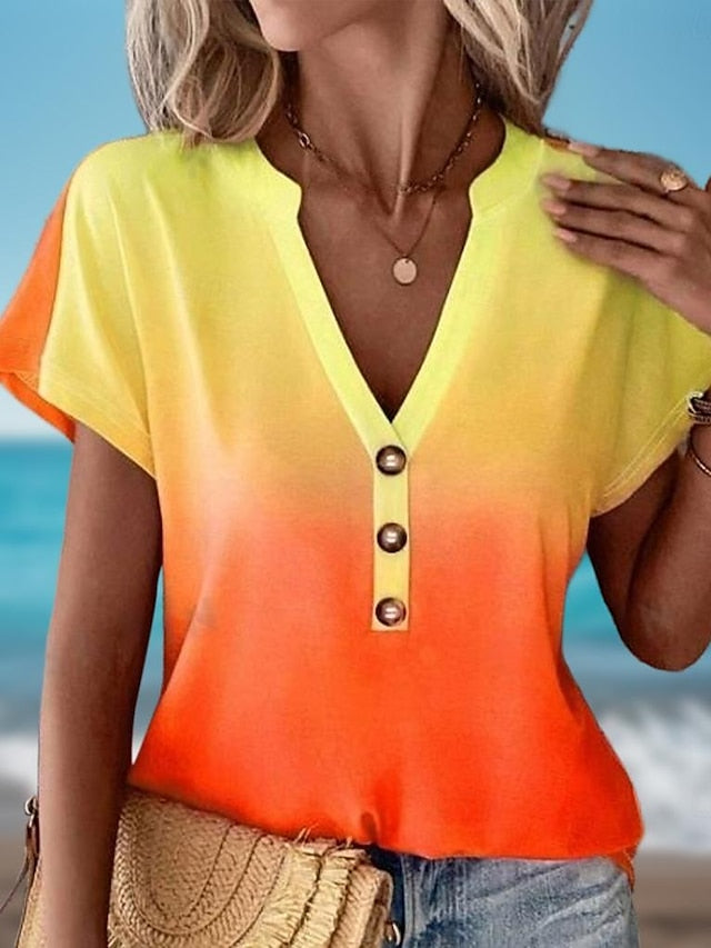 Women's T shirt Tee Ombre Color Gradient Daily Going out Print Yellow Short Sleeve Stylish V Neck Summer