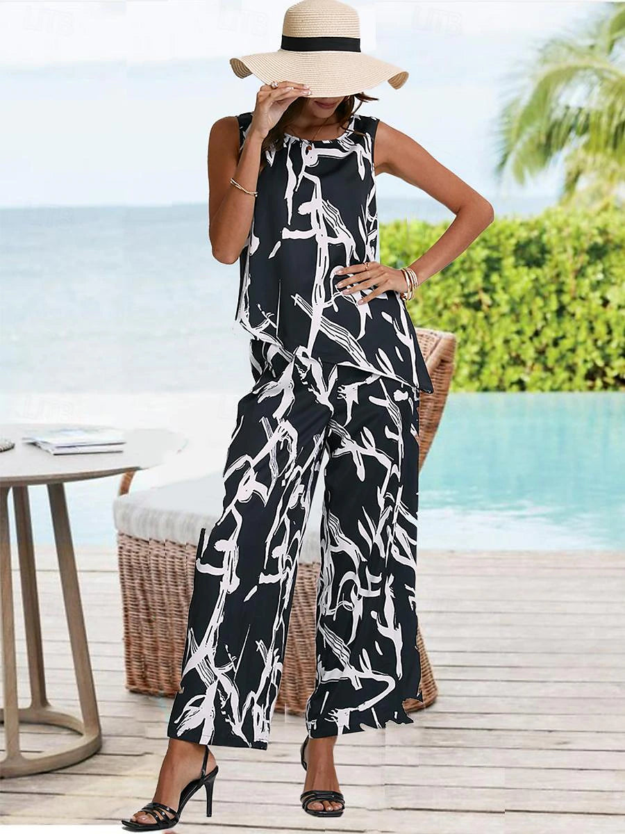 Women's Two Piece Sets Boho Tank Top Pants Sets Black White Print Elegant Sleeveless Round Neck Wide-Leg Spring Summer Sets