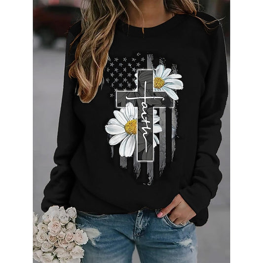 womens crewneck sweatshirt faith jesus cross daisy sweatshirts pullover long sleeve shirts for women usa american flag top black