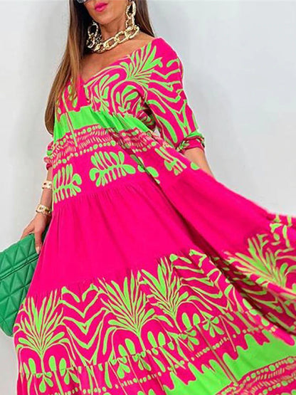 Women's Satin Dress A Line Dress Floral Color Block Print V Neck Maxi long Dress Daily Vacation Half Sleeve Summer Spring