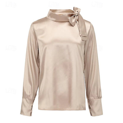 Women's Shirt Lace Shirt Blouse Satin Plain Valentine's Day Work Lace up Pink Long Sleeve Daily Business Mature Round Neck Spring &  Fall