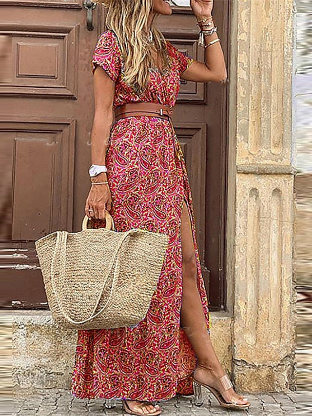 Women's Swing Dress Boho Dress Long Dress Maxi Dress Blue Wine Red Short Sleeve Floral Split Spring Summer V Neck S M L XL XXL 3XL - LuckyFash™