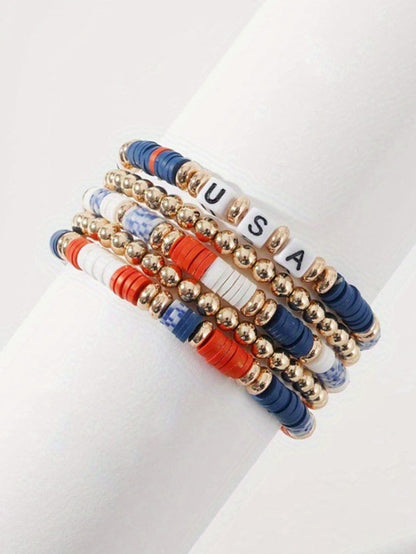 Multicolour 5pcs USA Independence Day Beaded Bracelet Set