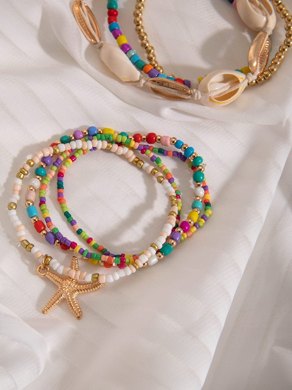 Multicolour 7pcs Starfish Seashell Beaded Bracelet Set