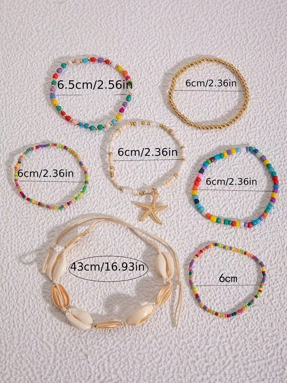 Multicolour 7pcs Starfish Seashell Beaded Bracelet Set