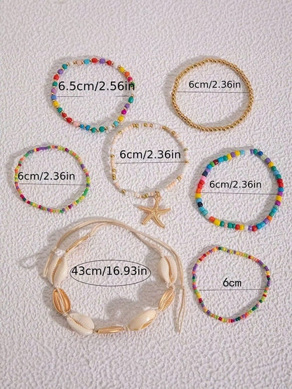 Multicolour 7pcs Starfish Seashell Beaded Bracelet Set