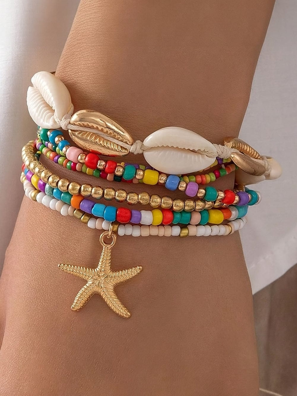 Multicolour 7pcs Starfish Seashell Beaded Bracelet Set