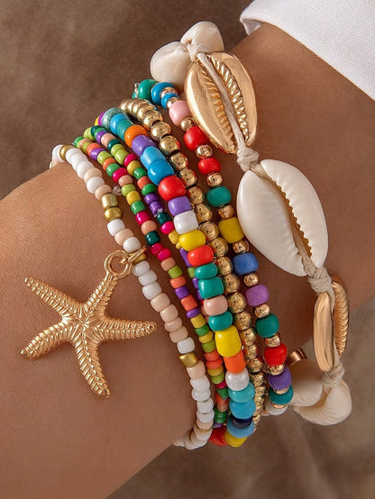 Multicolour 7pcs Starfish Seashell Beaded Bracelet Set