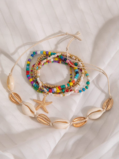 Multicolour 7pcs Starfish Seashell Beaded Bracelet Set