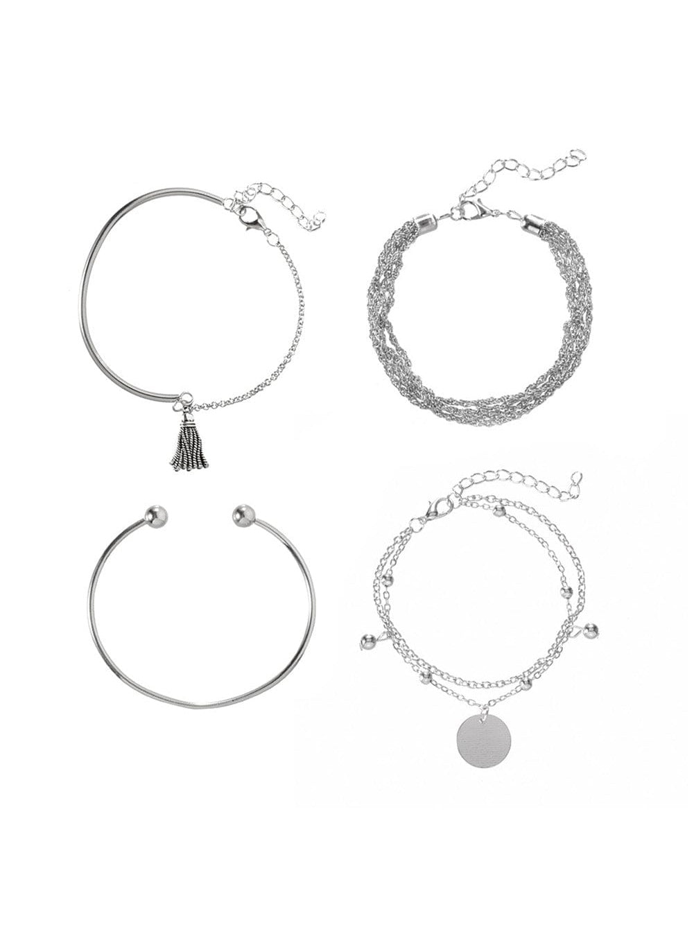 Multilayer Chain Disc Tassel Pendant Silvery Bracelet Set