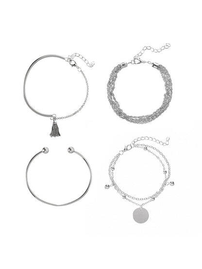 Multilayer Chain Disc Tassel Pendant Silvery Bracelet Set