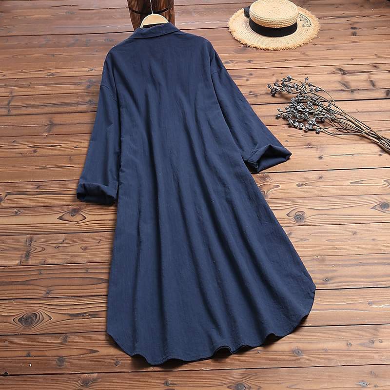 Women's Shirt Dress Casual Dress Cotton Linen Swing Long Sleeve V Neck Pocket Basic Loose Midi Summer Spring