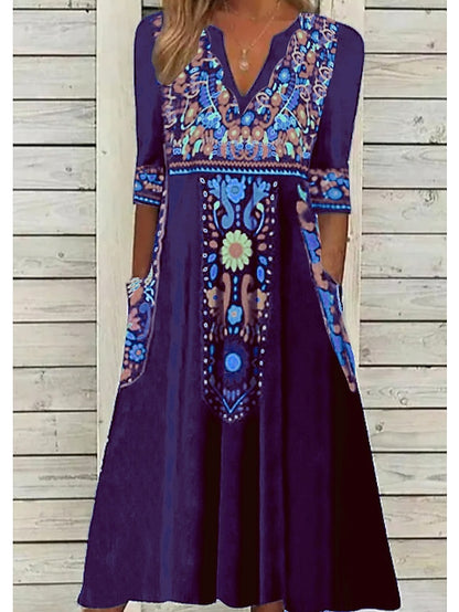 Women's Dress - Casual Dress Ethnic Dress Shift Dress Midi Dress Black Half Sleeve Floral Pocket Fall Spring Summer V Neck Vintage Birthday Daily Date 2023 S M L XL XXL 3XL