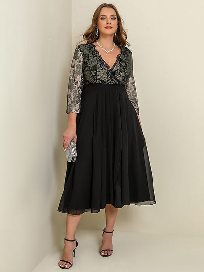 Women‘s Black Dress Prom Dress Black Lace Dress Plus Size Curve Party Dress Swing Dress Floral Long Dress Maxi Dress 3/4 Length Sleeve Patchwork V Neck Wedding Guest Dress