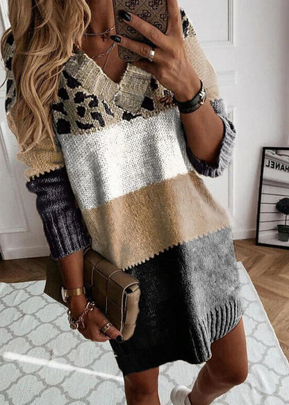 Women's Pullover Sweater Jumper V Neck Crochet Knit Knit Patchwork Knitted Fall Winter Tunic Going out Weekend Stylish Long Sleeve Color Gradient Brown S M L