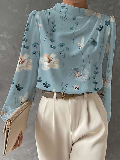 Women's Shirt Blouse Floral Work Print White Long Sleeve Fashion Round Neck Spring &  Fall