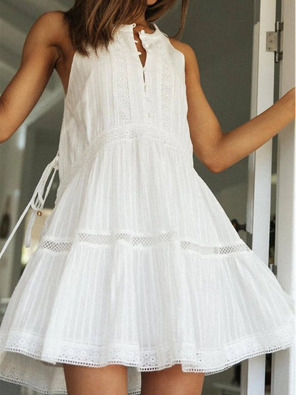 Women's White Dress Lace Dress Casual Dress Mini Dress Lace Patchwork Date Vacation Streetwear Basic Stand Collar Sleeveless White Color