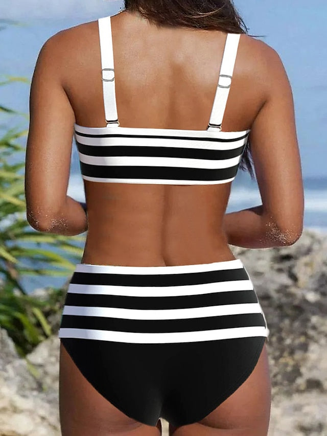 Women's Swimwear Bikini Normal Swimsuit 2 Piece Printing High Waisted Striped Light Blue Black Fuchsia Bathing Suits Sports Beach Wear Summer - LuckyFash™