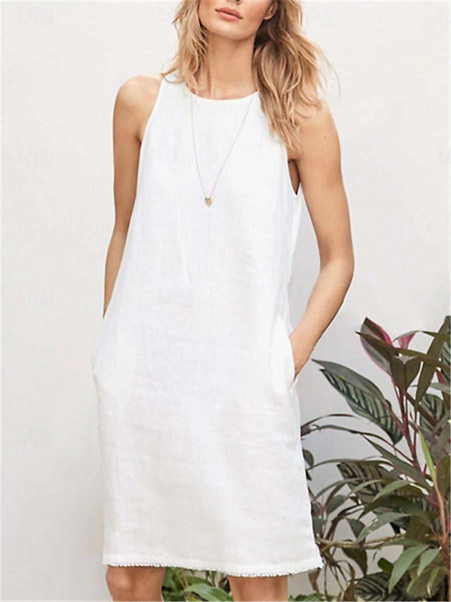 Women's White Dress Casual Dress Tank Dress Midi Dress Linen Pocket Vacation Basic Crew Neck Sleeveless White Pink Burgundy Color