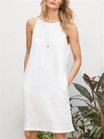 Women's White Dress Casual Dress Tank Dress Midi Dress Linen Pocket Vacation Basic Crew Neck Sleeveless White Pink Burgundy Color