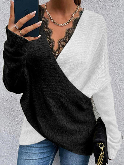 Women's Pullover Sweater Jumper V Neck Ribbed Knit Cotton Blend Patchwork Criss Cross Lace Trims Fall Winter Regular Daily Going out Weekend Stylish Casual Soft Long Sleeve Solid Color White Khaki