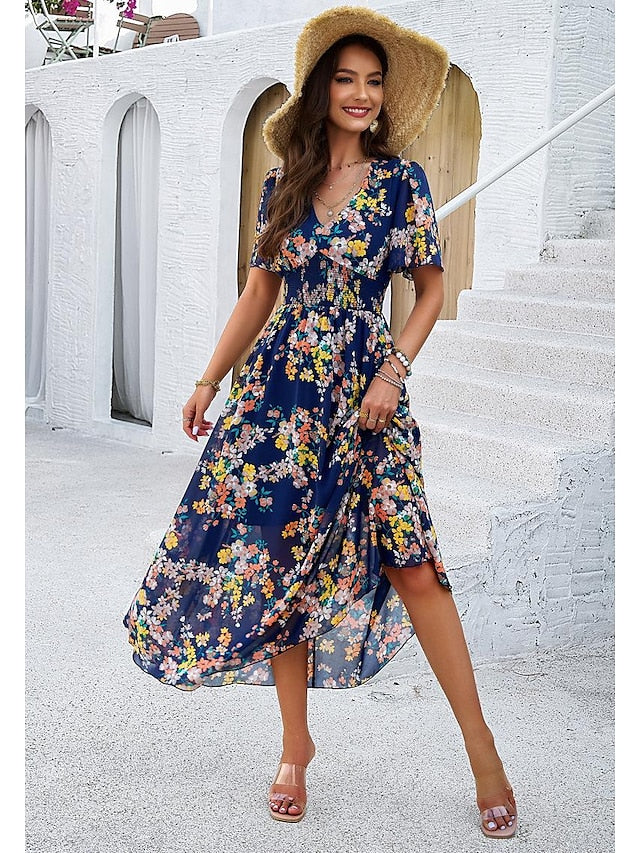 Women's Sundress Floral Graphic Elastic Waist Print V Neck Cold Shoulder Long Dress Maxi Dress Elegant Tropical Party Date Short Sleeve Summer Spring