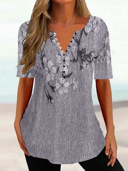 Women's T shirt Tee Henley Shirt Floral Holiday Weekend Button Print White Short Sleeve Tunic Basic Round Neck