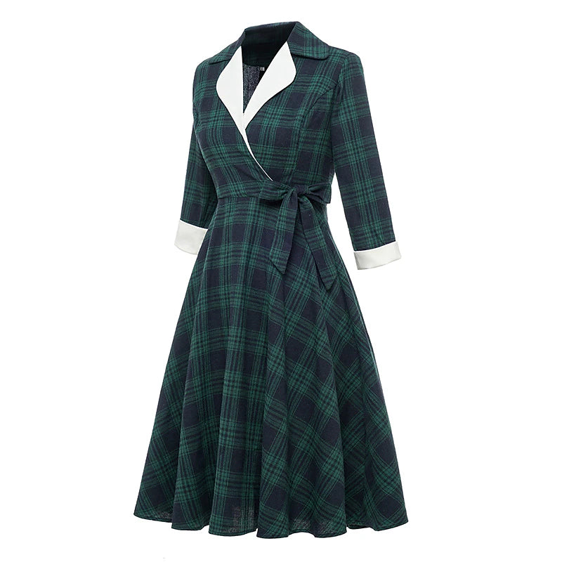 Women's Tartan Dress Swing Dress Plaid Dress Vintage Dress Green Red Long Sleeve Plaid Lace up Winter Fall Shirt Collar Mature Winter Dress Fall Dress 2022 S M L XL XXL