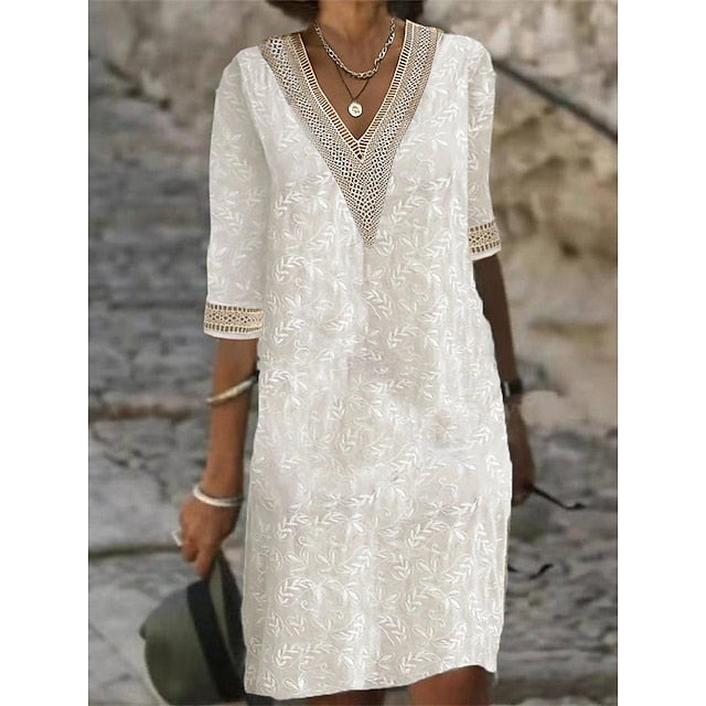 Women's Casual Dress Shift Dress Midi Dress Patchwork Jacquard Daily V Neck 3/4 Length Sleeve Summer Spring Fall Apricot Leaf Plain