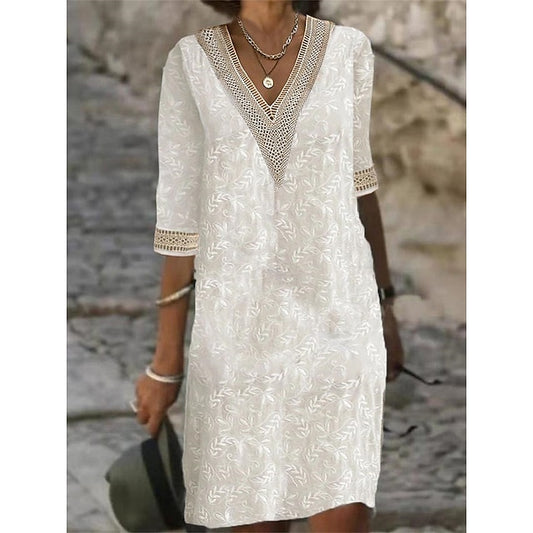 Women's Casual Dress Shift Dress Midi Dress Patchwork Jacquard Daily V Neck 3/4 Length Sleeve Summer Spring Fall Apricot Leaf Plain