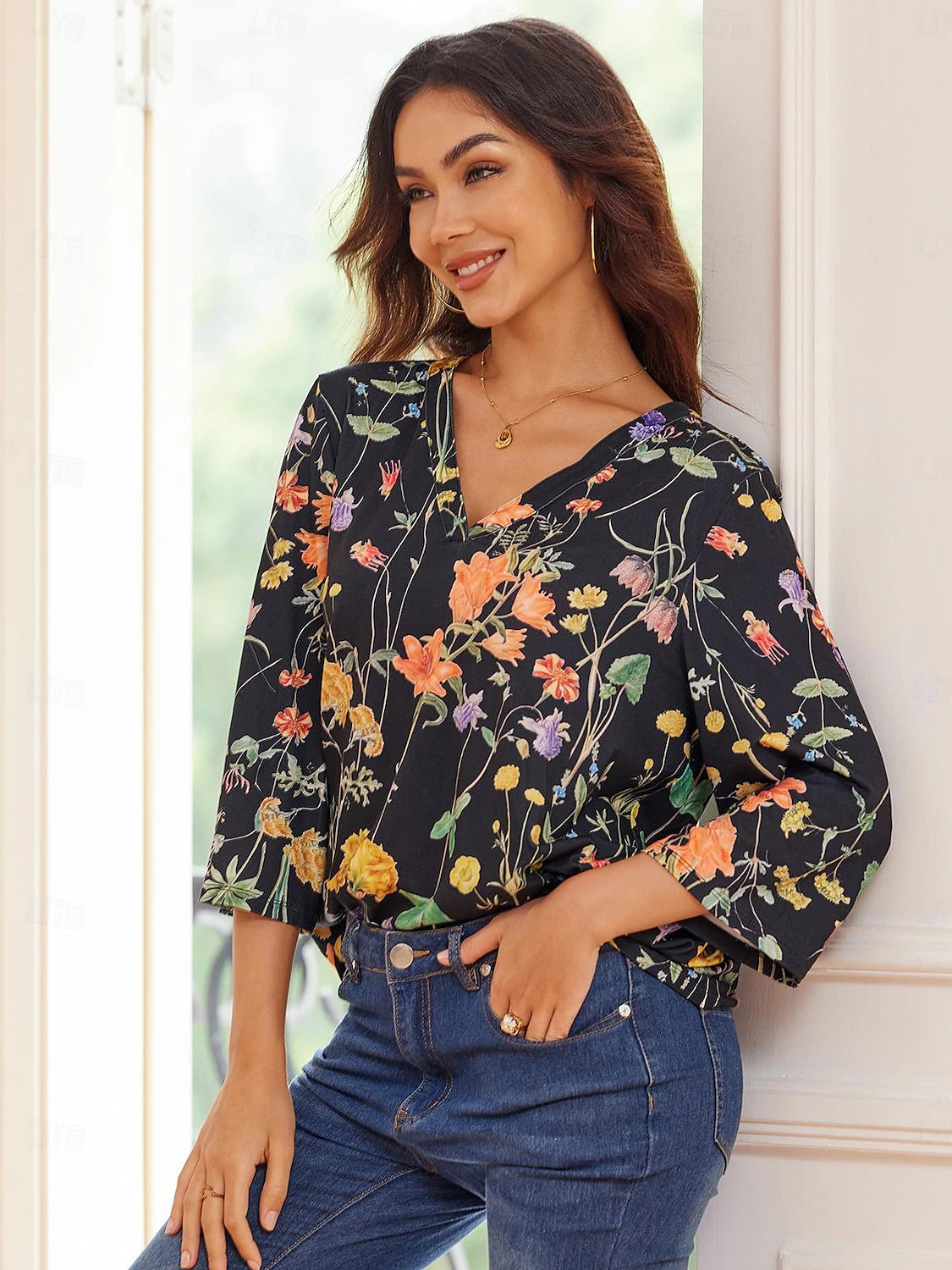 Women's Shirt Blouse Floral Print Black 3/4 Length Sleeve V Neck Summer