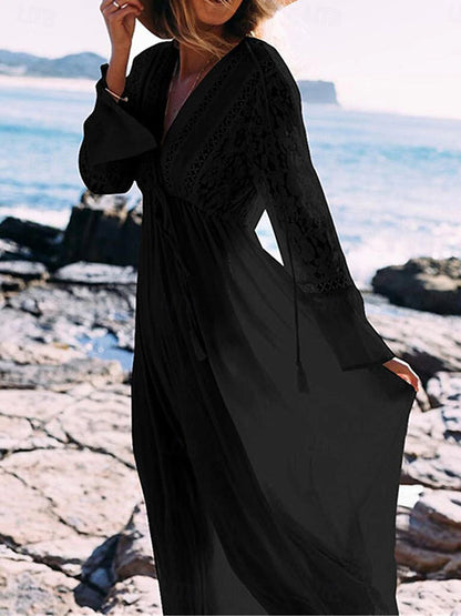 Women's White Dress Casual Dress Swing Dress Long Dress Maxi Dress Lace Patchwork Vacation Beach Streetwear Maxi V Neck 3/4 Length Sleeve Black White Color