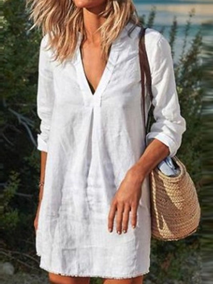 Women's White Dress Casual Dress Tunic Dress Mini Dress Linen Ruched Daily Deep V Long Sleeve Summer Spring Fall Black White Pure Color